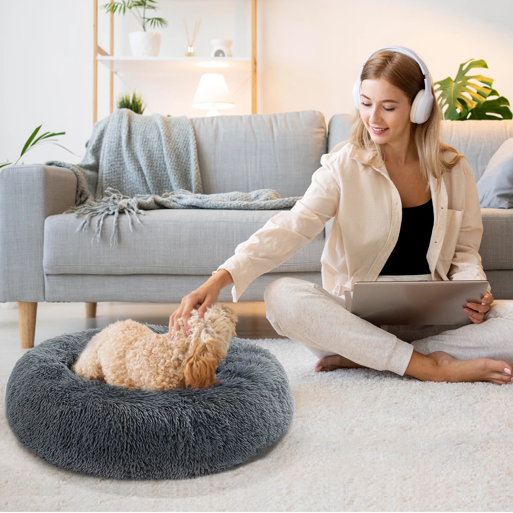 24" Calming Dog Bed for Medium Small Dogs, Donut Plush Pet Bed, Anti-Anxiety Cuddler Cozy Soft Cat Bed